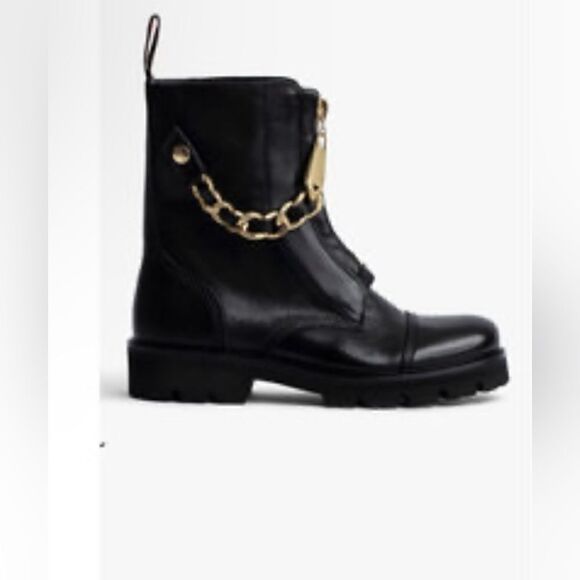 Zadig & Voltaire Joe Cecilia leather combat moto boots with gold chain New - Picture 1 of 16